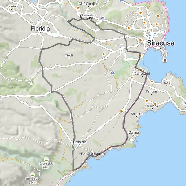 Miniatura della mappa di ispirazione al ciclismo "Belvedere - Ognina - Cassibile" nella regione di Sicilia, Italy. Generata da Tarmacs.app, pianificatore di rotte ciclistiche