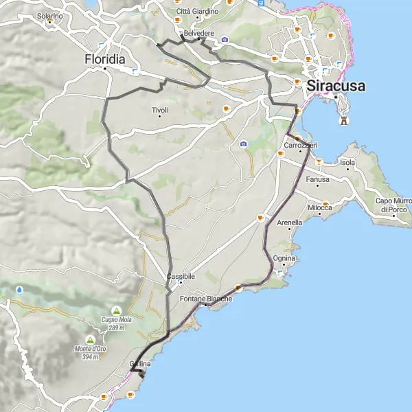 Miniatura della mappa di ispirazione al ciclismo "Belvedere - Ognina - Cassibile" nella regione di Sicilia, Italy. Generata da Tarmacs.app, pianificatore di rotte ciclistiche