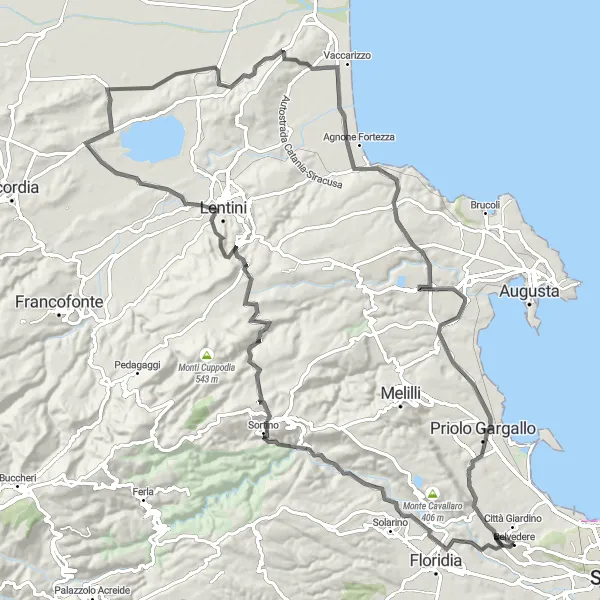 Miniatura della mappa di ispirazione al ciclismo "Sfida in bici tra Sortino e Monte Rannè" nella regione di Sicilia, Italy. Generata da Tarmacs.app, pianificatore di rotte ciclistiche