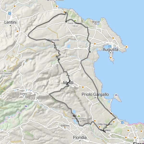 Miniatura della mappa di ispirazione al ciclismo "Tour in bicicletta alla scoperta di Villasmundo e Priolo Gargallo" nella regione di Sicilia, Italy. Generata da Tarmacs.app, pianificatore di rotte ciclistiche