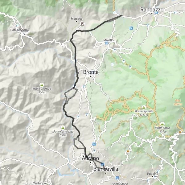 Map miniature of "Adrano and Laviche del Simeto" cycling inspiration in Sicilia, Italy. Generated by Tarmacs.app cycling route planner