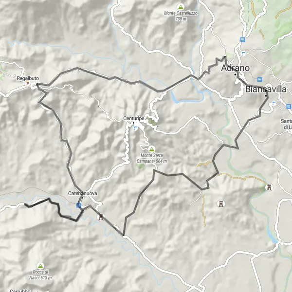 Map miniature of "Rocca Falcone and Monte San Giorgio" cycling inspiration in Sicilia, Italy. Generated by Tarmacs.app cycling route planner