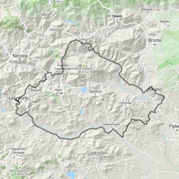 Map miniature of "Mountainous Road Cycling: Rocca Falcone to Gagliano Castelferrato" cycling inspiration in Sicilia, Italy. Generated by Tarmacs.app cycling route planner