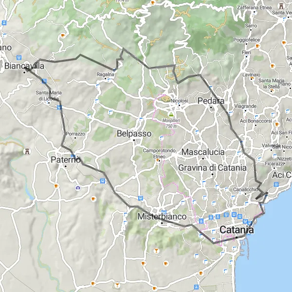 Map miniature of "Short but Scenic Road Ride to San Gregorio di Catania" cycling inspiration in Sicilia, Italy. Generated by Tarmacs.app cycling route planner