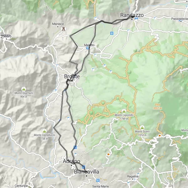 Map miniature of "Biancavilla to Randazzo Circular Route" cycling inspiration in Sicilia, Italy. Generated by Tarmacs.app cycling route planner