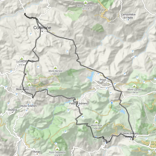 Map miniature of "Mountain Madness" cycling inspiration in Sicilia, Italy. Generated by Tarmacs.app cycling route planner