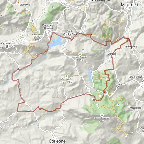 Map miniature of "Into the rugged wilderness" cycling inspiration in Sicilia, Italy. Generated by Tarmacs.app cycling route planner