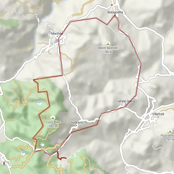 Miniatura della mappa di ispirazione al ciclismo "Esplorazione Gravel delle Colline Siciliane" nella regione di Sicilia, Italy. Generata da Tarmacs.app, pianificatore di rotte ciclistiche