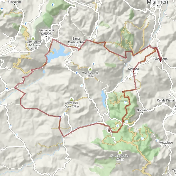 Map miniature of "Gravel Excursion through Scenic Landscapes" cycling inspiration in Sicilia, Italy. Generated by Tarmacs.app cycling route planner