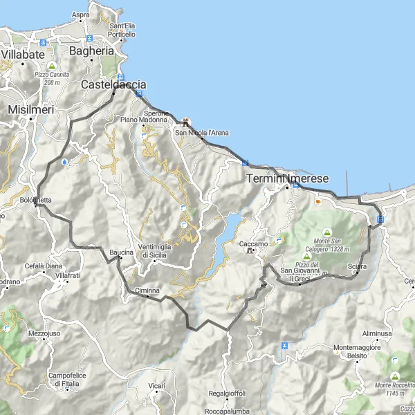 Map miniature of "The Scenic Sicilian Circuit" cycling inspiration in Sicilia, Italy. Generated by Tarmacs.app cycling route planner