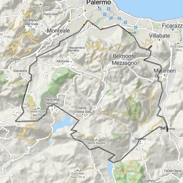 Map miniature of "Scenic Roads and Charming Towns" cycling inspiration in Sicilia, Italy. Generated by Tarmacs.app cycling route planner