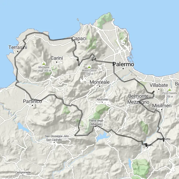 Map miniature of "Sicilian Splendor" cycling inspiration in Sicilia, Italy. Generated by Tarmacs.app cycling route planner