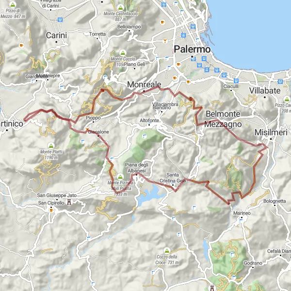 Miniatura della mappa di ispirazione al ciclismo "Giro Gravel tra Colline e Boschi" nella regione di Sicilia, Italy. Generata da Tarmacs.app, pianificatore di rotte ciclistiche