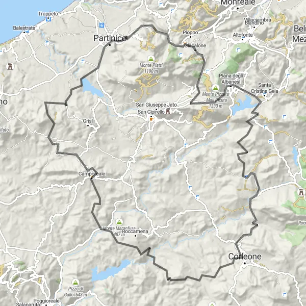 Miniatura della mappa di ispirazione al ciclismo "Esplorazione dei monti della Sicilia occidentale" nella regione di Sicilia, Italy. Generata da Tarmacs.app, pianificatore di rotte ciclistiche