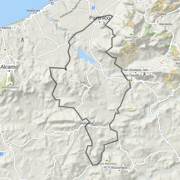 Miniatura della mappa di ispirazione al ciclismo "Salita al Monte della Fiera" nella regione di Sicilia, Italy. Generata da Tarmacs.app, pianificatore di rotte ciclistiche
