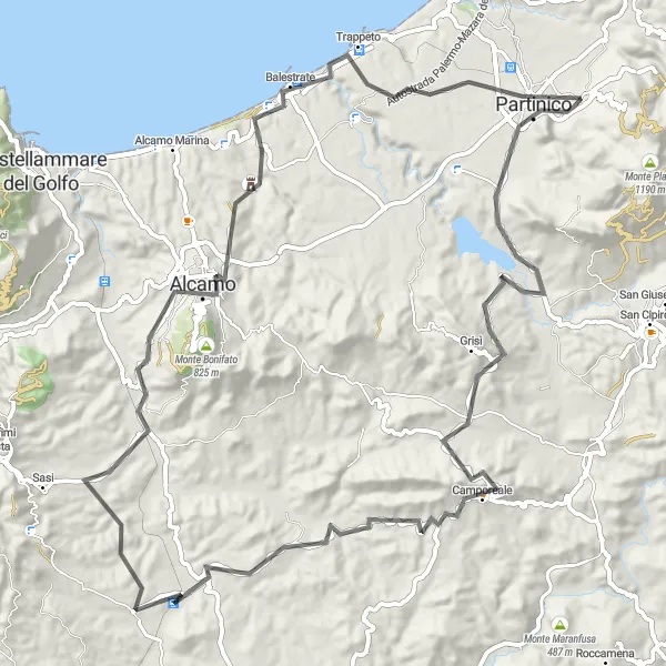 Miniatura della mappa di ispirazione al ciclismo "Tour Tra Castelli e Gioielli Medievali" nella regione di Sicilia, Italy. Generata da Tarmacs.app, pianificatore di rotte ciclistiche