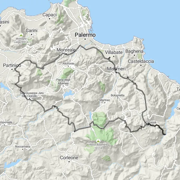 Miniatura della mappa di ispirazione al ciclismo "Circuito delle Cime Siciliane" nella regione di Sicilia, Italy. Generata da Tarmacs.app, pianificatore di rotte ciclistiche