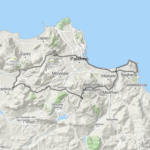 Map miniature of "Inland Landscapes Expedition" cycling inspiration in Sicilia, Italy. Generated by Tarmacs.app cycling route planner