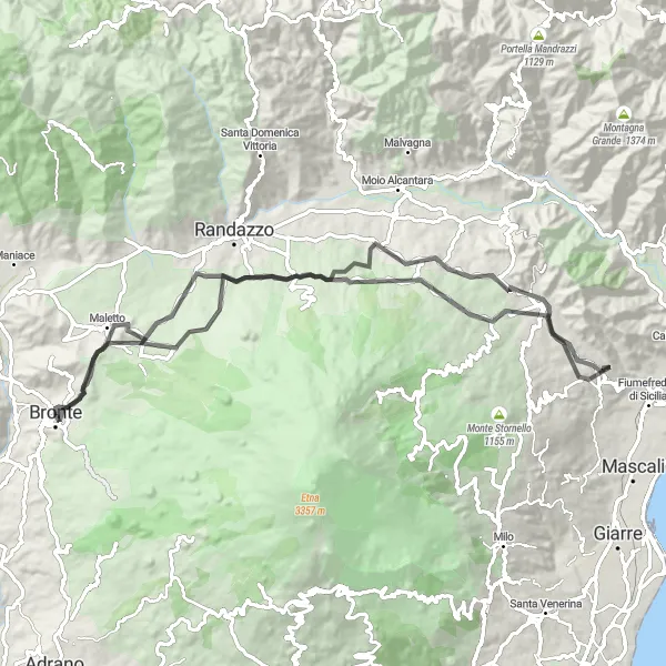 Map miniature of "Challenging Undulations of Bronte" cycling inspiration in Sicilia, Italy. Generated by Tarmacs.app cycling route planner