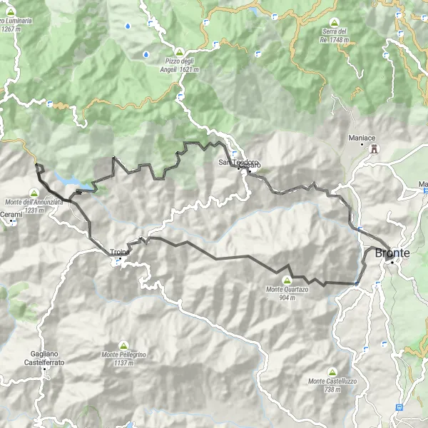 Map miniature of "The Majestic Mountains of Bronte" cycling inspiration in Sicilia, Italy. Generated by Tarmacs.app cycling route planner