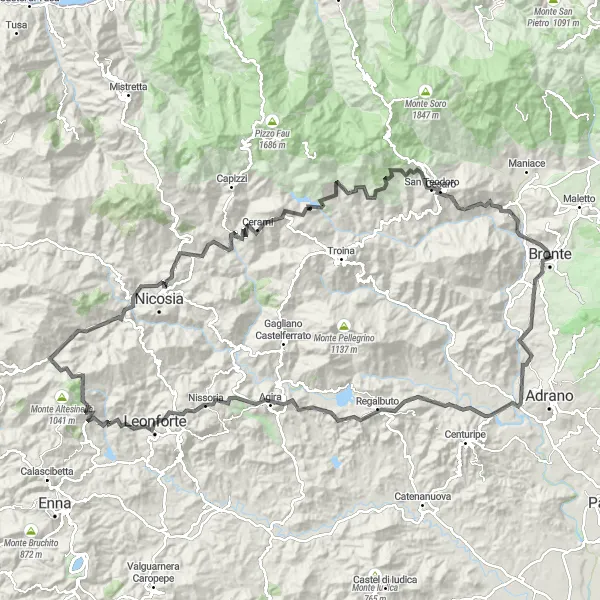 Map miniature of "Ultimate Road Cycling Challenge - Bronte to Cesarò" cycling inspiration in Sicilia, Italy. Generated by Tarmacs.app cycling route planner