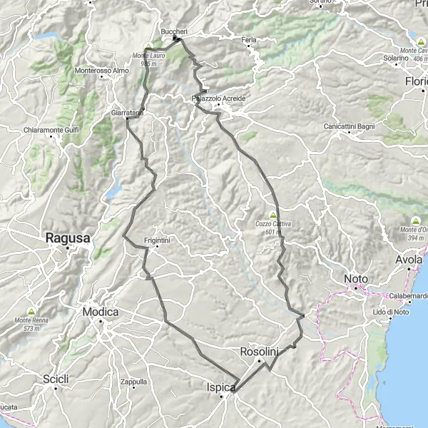 Miniatura della mappa di ispirazione al ciclismo "Giro in bicicletta intorno a Buccheri - Monte Pavone" nella regione di Sicilia, Italy. Generata da Tarmacs.app, pianificatore di rotte ciclistiche