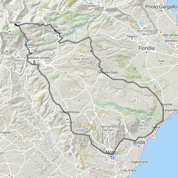 Map miniature of "Monte Rigoria and Avola" cycling inspiration in Sicilia, Italy. Generated by Tarmacs.app cycling route planner
