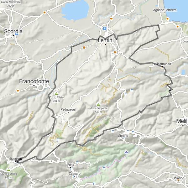 Map miniature of "Historical and Scenic Route" cycling inspiration in Sicilia, Italy. Generated by Tarmacs.app cycling route planner