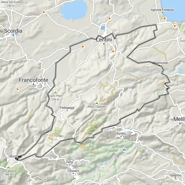 Miniatura della mappa di ispirazione al ciclismo "Esplorazione in bicicletta di Buccheri e dintorni" nella regione di Sicilia, Italy. Generata da Tarmacs.app, pianificatore di rotte ciclistiche