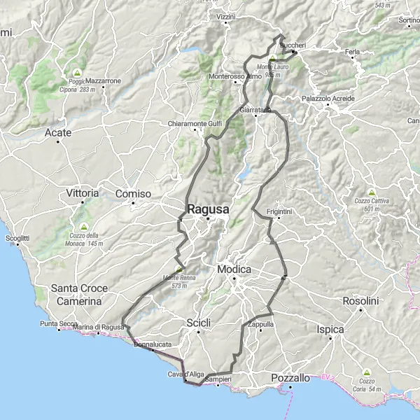 Miniatura della mappa di ispirazione al ciclismo "Giro in bicicletta da Buccheri a Monte Tereo" nella regione di Sicilia, Italy. Generata da Tarmacs.app, pianificatore di rotte ciclistiche