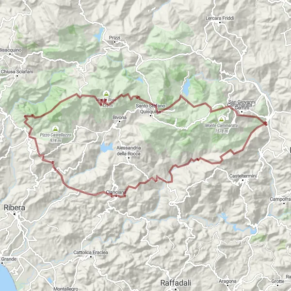 Map miniature of "Gravel Adventure through Burgio" cycling inspiration in Sicilia, Italy. Generated by Tarmacs.app cycling route planner