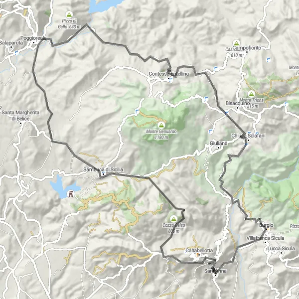 Map miniature of "Burgio to Chiusa Sclafani Road Cycling Route" cycling inspiration in Sicilia, Italy. Generated by Tarmacs.app cycling route planner