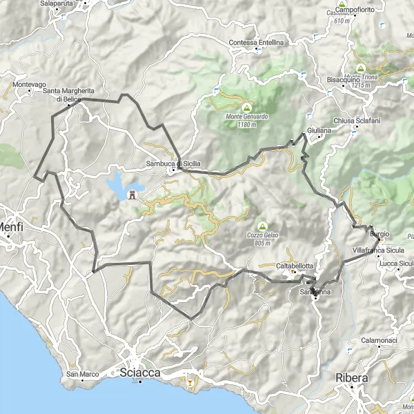 Map miniature of "Burgio to Sambuca di Sicilia Road Cycling Route" cycling inspiration in Sicilia, Italy. Generated by Tarmacs.app cycling route planner