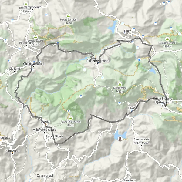Map miniature of "The Hills of Burgio" cycling inspiration in Sicilia, Italy. Generated by Tarmacs.app cycling route planner
