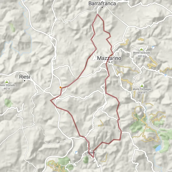 Map miniature of "Gravel Cycling Route: Mazzarino Adventure" cycling inspiration in Sicilia, Italy. Generated by Tarmacs.app cycling route planner