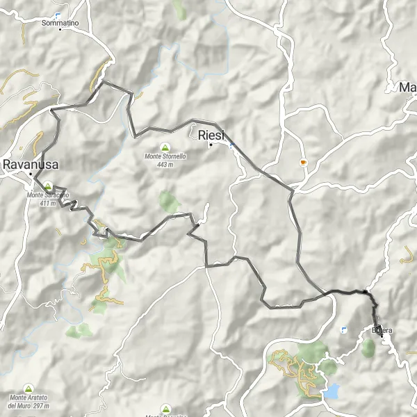 Map miniature of "Road Cycling Route: Monte Santa Maria dell'Alto Loop" cycling inspiration in Sicilia, Italy. Generated by Tarmacs.app cycling route planner