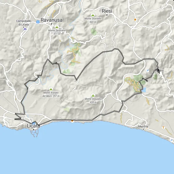 Map miniature of "Road Cycling Route: Licata Exploration" cycling inspiration in Sicilia, Italy. Generated by Tarmacs.app cycling route planner