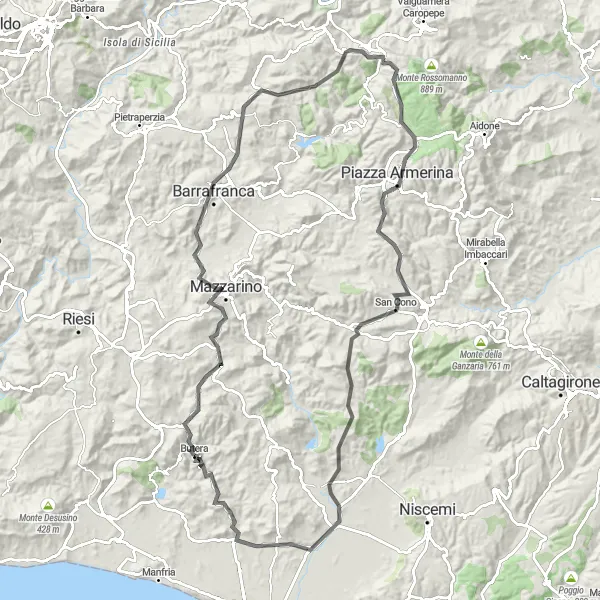 Miniatura della mappa di ispirazione al ciclismo "Giro Panoramico della Sicilia Centrale" nella regione di Sicilia, Italy. Generata da Tarmacs.app, pianificatore di rotte ciclistiche