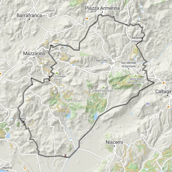 Miniatura della mappa di ispirazione al ciclismo "Strada panoramica verso Monte Zabaino" nella regione di Sicilia, Italy. Generata da Tarmacs.app, pianificatore di rotte ciclistiche