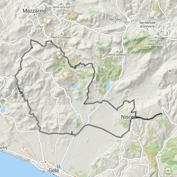 Map miniature of "The Monte Manca del Toro Loop" cycling inspiration in Sicilia, Italy. Generated by Tarmacs.app cycling route planner