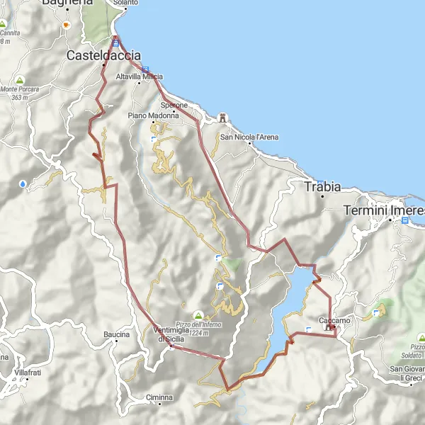 Map miniature of "The Castle Explorer" cycling inspiration in Sicilia, Italy. Generated by Tarmacs.app cycling route planner