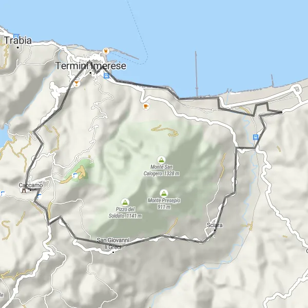 Map miniature of "Little Villages and Coastal Views" cycling inspiration in Sicilia, Italy. Generated by Tarmacs.app cycling route planner