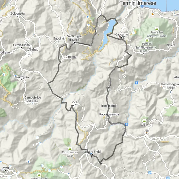 Miniatura della mappa di ispirazione al ciclismo "Climb to Rocca Rossa" nella regione di Sicilia, Italy. Generata da Tarmacs.app, pianificatore di rotte ciclistiche