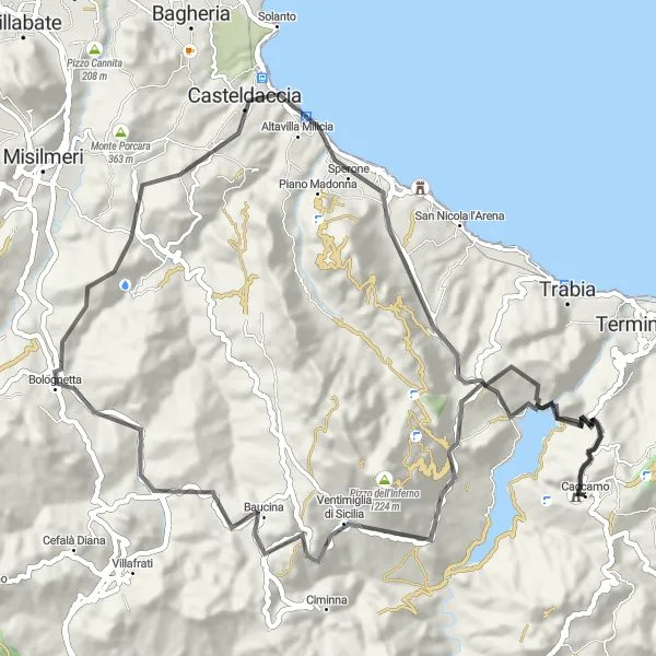 Miniatura della mappa di ispirazione al ciclismo "Road Cycling to Monte Sant'Onofrio" nella regione di Sicilia, Italy. Generata da Tarmacs.app, pianificatore di rotte ciclistiche