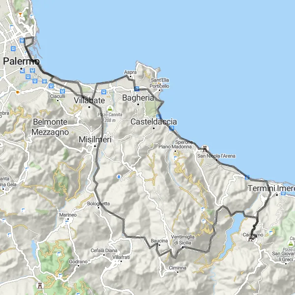 Map miniature of "Caccamo Castle Loop" cycling inspiration in Sicilia, Italy. Generated by Tarmacs.app cycling route planner