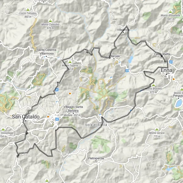 Miniatura della mappa di ispirazione al ciclismo "Tour ciclistico tra Monte Cannarella e Villarosa" nella regione di Sicilia, Italy. Generata da Tarmacs.app, pianificatore di rotte ciclistiche