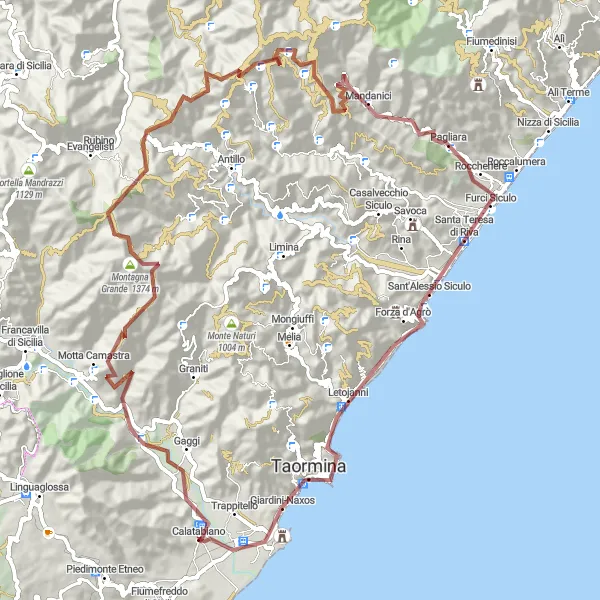Map miniature of "Mountainous Gravel Adventure" cycling inspiration in Sicilia, Italy. Generated by Tarmacs.app cycling route planner