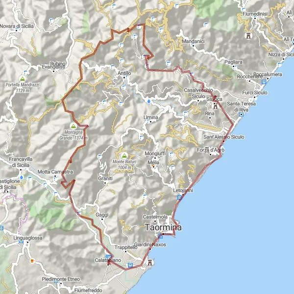 Map miniature of "Gravel Adventure in Sicily: Motta Camastra to Giardini-Naxos" cycling inspiration in Sicilia, Italy. Generated by Tarmacs.app cycling route planner
