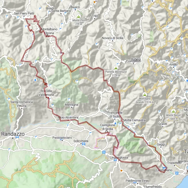 Map miniature of "Calatabiano Gravel Cycling Route" cycling inspiration in Sicilia, Italy. Generated by Tarmacs.app cycling route planner