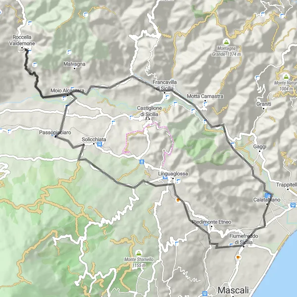 Miniatura della mappa di ispirazione al ciclismo "Tour ciclistico tra Calatabiano e Rocca Grande" nella regione di Sicilia, Italy. Generata da Tarmacs.app, pianificatore di rotte ciclistiche